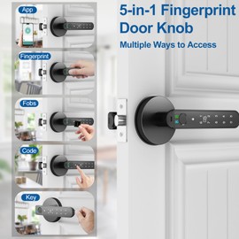 Foxgard Smart Fingerprint Door Lock:Fingerprint Door Knob-Biometric 5-in-1 Finger Print Door Lock-Smart Door Knob for Bedroom-APP Control-Easy Installation–Round Black–1 Pack