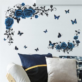 Blue Rose Wall Sticker Butterfly Bedroom Living Room Wall Sticker Removable Blue Rose Flower Wallpaper Stylish Flowers and Plants Interior DIY Decoration