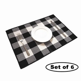 Levinis Reversible Placemats for Dining Table Set of 6- Washable Cotton Woven Black and White Farmhouse Placemats Dinning Table Décor