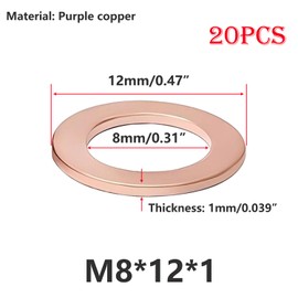 Qrity 20 Pieces Washers, M8 Copper Ring Flat Washers, 8mm ID 12mm OD Flat Sealing Gasket Ring for Screw Bolt Nut Electronic Repair