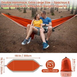 XXL Hammock for 2 People 300 x 200 cm - Foldable, Ultralight & Portable - Outdoor Hammocks with 300 kg Load Capacity - Perfect for Garden, Camping, Travel (Orange Colour)
