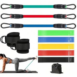Bandas Elasticas Fitness, Barra de Pilates Multifuncional de 11 Piezas, Bandas de Tobillo para Entrenamiento, Equipo de Ejercicio Glúteos para Mujeres Piernas y Glúteos