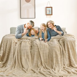 Excervent Solid Oversized Flannel Fleece Blanket (120x120 inches, Camel) Cozy Throw Blankets for Couch Sofa and Bed, King Size 10'X10' Super Soft Luxurious Warm Striped Blankets for Household Bedroom