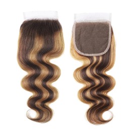 Highlight Body Wave Closure Honey Blonde Ombre 4/27 Human Hair Closure Transparent Lace Frontal Pre Plucked With Baby Hair Natural Hairline 16 Inch