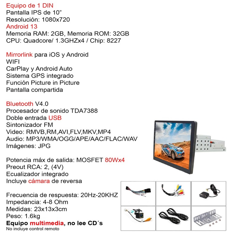 VAK AUTOESTEREO 3700u 1 DIN 10" Android CARPLAY Camara GPS