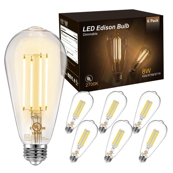 DAYBETTER Vintage LED Edison Bulbs, E26 Led Bulb 60W Equivalent, Dimmable Led Light Bulbs, High Brightness 800 LM Warm White 2700K, ST58 Antique LED Filament Bulbs, Clear Glass Style for Home, 6 Pack