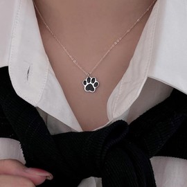 Black Paw Print 925 Sterling Silver Pendant Necklace for Women Unisex Enamel Cat Dog Paw Animal Lovely Necklaces Minimalist Silver Plated Hypoallergenic Lightweight Adjustable Necklaces Jewelry