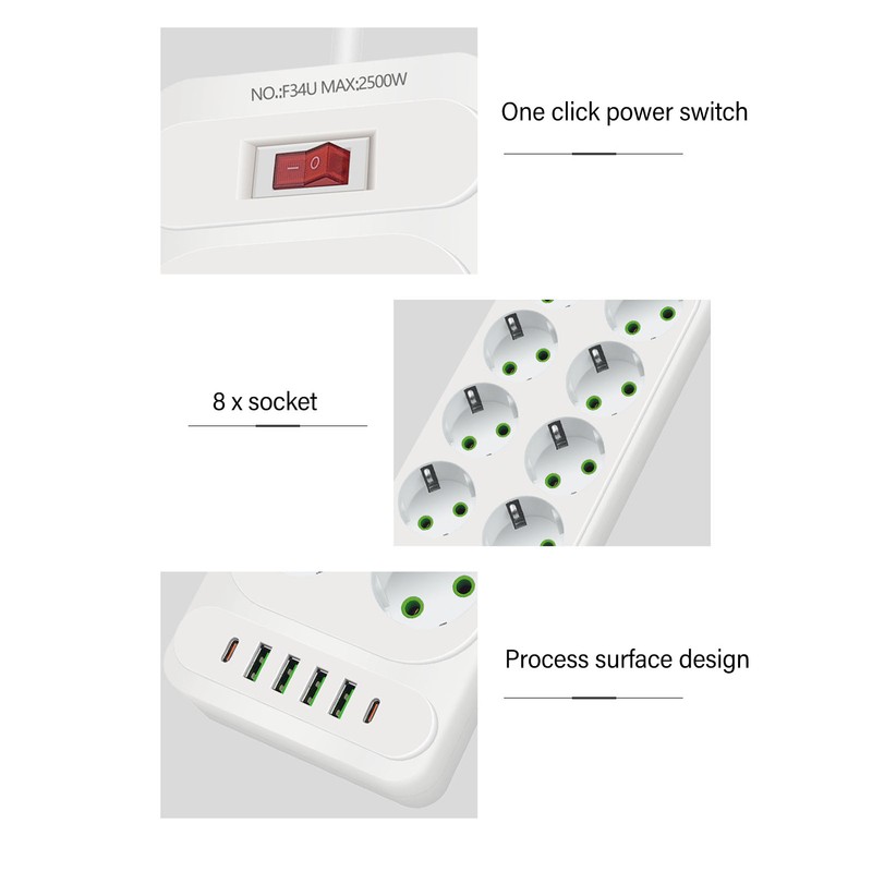 8 Way Power Strip USB C European Socket Desk Wall