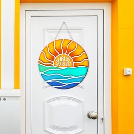 Hello Sunshine Door Sign Summer Decor Wreaths for Front Door Wreath Wooden Sign hanger for Pool Farmhouse Porch Home Summer Wall Decorations (Blue)