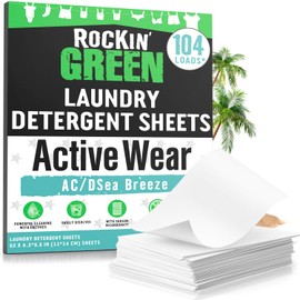 Rockin' Green Active Wear Travel Laundry Detergent Sheets - Mess-Free Laundry Sheet Detergent with Sodium Bicarbonate - Easily Dissolvable Laundry Soap Sheets (104 Loads, AC/DSea Breeze)