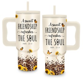 Christian Art Gifts 24 oz A Sweet Friendship Refreshes The Soul Tumbler with Handle and Straw, Insulated Stainless Steel, Leakproof, Inspirational Scripture Mug, Friendship Gifts for Women Faith Cup