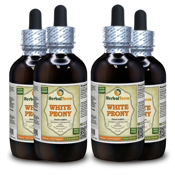 White Peony (Paeonia Lactiflora) Tincture, Organic Dried Roots Liquid Extract (Brand Name: HerbalTerra, Proudly Made in USA) 4x4 fl.oz (4x120 ml)