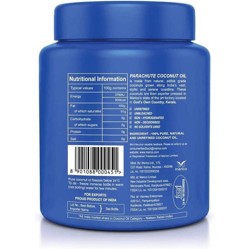 Parachute 100% Pure and Natural Unrefined Coconut Oil | No