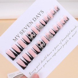 BABALAL Duck Nails Press on Black Fake Nails French Tip Glue ons Nails Star Planet Rose Charm Design Acrylic Nails 24Pcs Punk Goth Duck False Nails