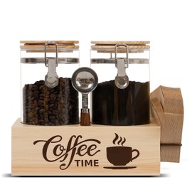 EQEY Glass Coffee Canister Set with Shelf & Spoon 2 Piece Coffee Containers for Coffee Bean Storage Airtight Seal, Coffee Bar Accessories Filter Holder for Kitchen Organization