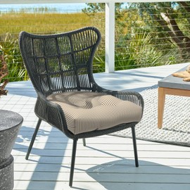 DYTXIII Set of 2 Outdoor Chair Cushions 19"x19"x5",Water Repellent Tufted Seat Cushions with Ties,Replacement Chair Pads for Wicker Dining and Patio Furniture,(Round Corner,Stripe Beige)