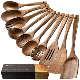 Hefild Wooden Spoons for Cooking, Nonstick Cooking Utensil Set with 10 Piece Acacia Wooden Spatulas and Spoons for Cooking, Terrific for Everyday Kitchen Tasks