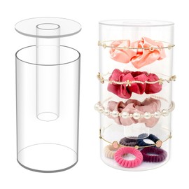 Fengshuibringluck 3-IN-1 Clear Acrylic Container Set Round Hair Accessories Bucket Storage Organizers with Lids for Hair Accessories & Beauty Supplies Girl Gift+Random Hair Scrunchies
