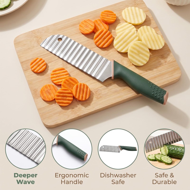Crinkle Cutter Knife Waffle Fry Wave Slicer 8.66in Green Handle