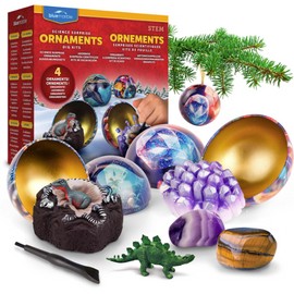 Blue Marble Science Surprise Christmas Ornament Dig Kits – 4 Ornaments with Mini Gemstone and Dinosaur Dig Bricks, Includes Digging Tools and Learning Guide