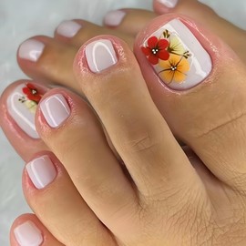 24PCS Square Press on Toenails Short False Toenail with Flower Leaf Design Summer False Toenails Floral Full Cover Acrylic Glossy Glue on Cute Stick on for Women