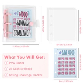Mini Money Saving Binder with 25 Envelopes, $1000 Savings Challenge Book, Portable Budget Tool (Black)