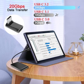 QIANRENON USB C 90°Angle Adapter 20Gbps 100W USB3.2 Type C Male to Female Right Angle Connector, Support 8K Audio/Video, for Smartphone Tablet Steam Deck,Dark Silver, 2Pcs(Front Bned)