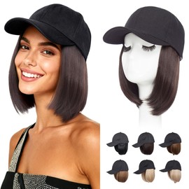 Hat Wig for Women, Baseball Cap Wig with BOB Hair Attached Adjustable Hat Wigs Short Dark Brown Synthetic Hair Extensions