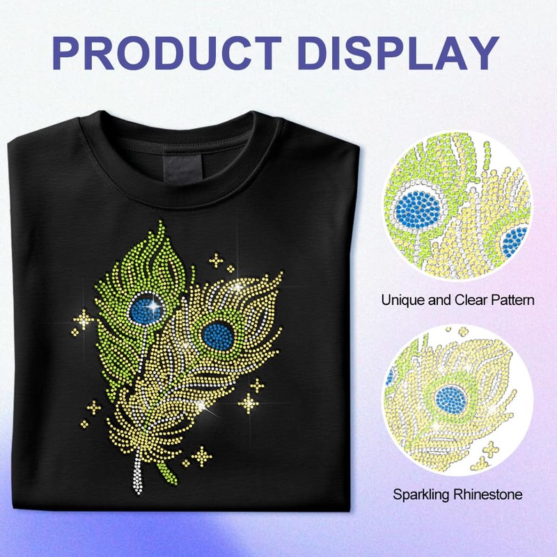 MAYJOYDIY Peacock Feathers Rhinestone Iron-On Transfer Sticker Stars Feather Bling