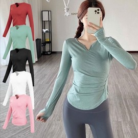 HL] Long Sleeve Sporty V-Neck Pilates & Yoga Top with Finger Holes 02. Black/M