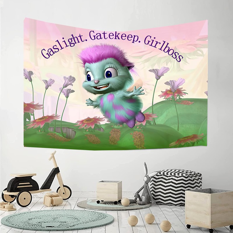 FENDROM Gaslight Gatekeep Girlboss Bibble Pink Meme Tapestry For Bedroom