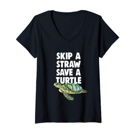 Womens Skip A Straw Save A Turtle V-Neck T-Shirt