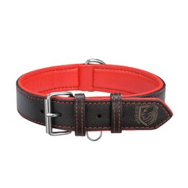 Riparo Leather Dog Collar, Large Dog Collar, Padded Heavy Duty Dog Collar with Dog Tag Holder (Large, Black/Red Thread)