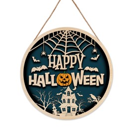 CWIOQPYI Halloween Decorations for Home Door, Happy Halloween Sign Farmhouse Home Window Wall Party Decoration Supplies, 10 inch Round Wooden Hanging Sign A07