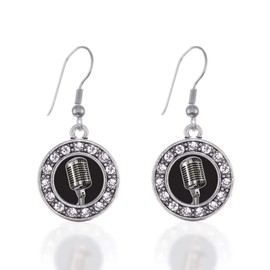 Inspired Silver - Microphone - Silver Dangle Earrings for Women - Circle Charm Earrings French Hook Drop with Cubic Zirconia - Women's Dangly Earrings Jewelry Gift