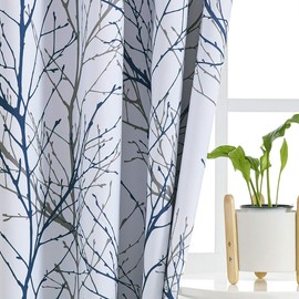 FMFUNCTEX 100% Blackout Curtains Blue White Tree Liner Curtains for Bedroom, Branch Partterned Curtains 84 inches Long for Living Room, Room Darkening Thermal Insulated Drapes, Grommet Top 2 Panels