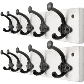 WEBI Rustic Coat Rack Wall Mount,5 Cast Iron Coat Hooks Wall Mounted,Heavy Duty Antique Vintage Hooks for Hanging Coats,Jacket,Clothes,Black on White,2 Packs