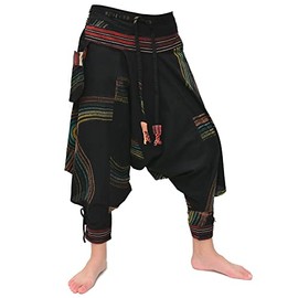 Siamrose Japanese Style Samurai Yoga Ninja Harem Pants Men Women Lounge Trousers, One Size, Elastic Waist (Black Hand Painted)