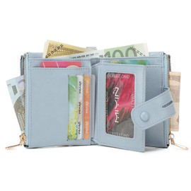 AOXONEL Wallets for Women Small Rfid Bifold Leather Ladies Wallet,Travel Billfolds Medium Size Card Holder with Removable Wristlet Chain,Multi-Card Slots,ID Window,Double Zipper Coin Pocket (Blue)