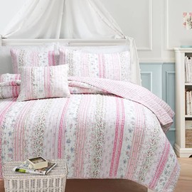 Cozy Line Home Fashions Shabby Chic Pink Flower Lace Ruffle Stripe 100% Cotton Reversible Quilt Bedding Set, Coverlet, Bedspread (Pink,King - 4 Piece: 1 Quilt + 2 KingSham + 1 Décor Pillow)