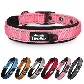 TwoEar Collar de perro resistente, cómodo, ajustable, de neopreno suave, acolchado, reflectante, con hebilla de metal para razas de perros pequeñas/medianas/grandes (L, rosa)
