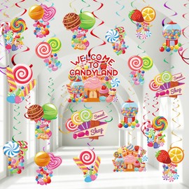 JarThenaAMCS 50Pcs Candyland Hanging Swirls Decor Lollipop Candy Hanging Streamers Colorful Cutout Cardboard Ornament Ceiling Spirals for Home Party Decor