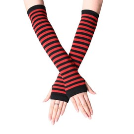 UTTPLL Womens Punk Gothic Long Arm Warmers Striped Fingerless Gloves Winter Knitted Stretchy Mittens Thumb Hole Wrist Warmer, Stripe Black Red, One Size