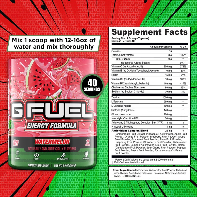 G fuel Watermelon Energy Drink Powder, Pre Workout Caffeine Mix