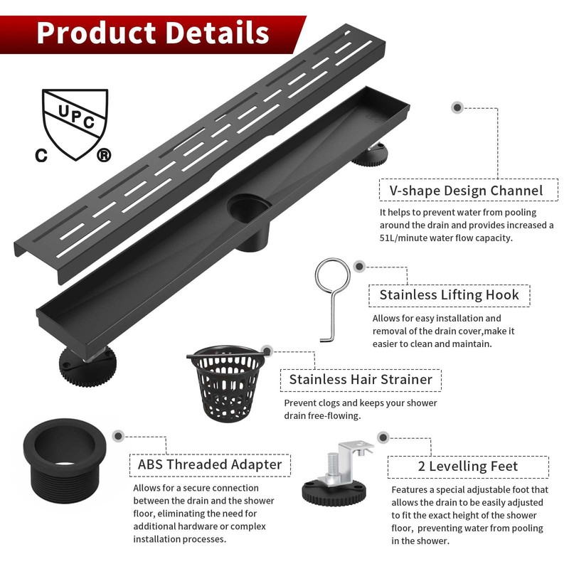 Sharp-tec Linear Shower Drain, 28 inch Shower Drain with Removable