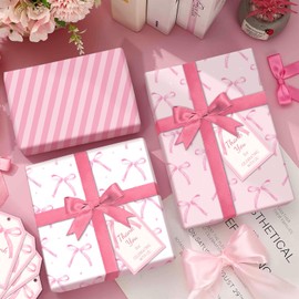 Foxrush 32PCS Pink Bow Wrapping Paper Set,12 Sheets Coquette Pretty Bows Wrap Paper with 20PCS Tags for Valentines,Bachelorette Party Favor,Girly Birthday Gift Wrap, DIY Crafts Party Supplies