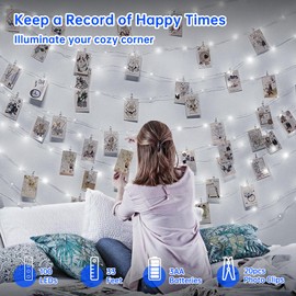 Heceltt Fairy Lights with Clips，33ft 100 LED Photo Clips String Light for Hanging Pictures， Battery Powered for Dorm Bedroom Wedding Christmas Tree Decoration,White