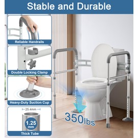 Toilet Safety Rails for Seniors (350 LBS), Adjustable Toilet Safety Frame for Elderly and Disabled, Foldable Handicap Toilet Assistance Rail Fits Most Toilets, Gray