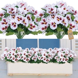 SOMYTING Artificial Pansies Flowers Outdoor 10 Bundles Faux Flowers UV Resistant Plastic Plants Artificial Silk Flowers for Front Porch Garden Window Box Hanging Planter Decoration (White, 10PCS)