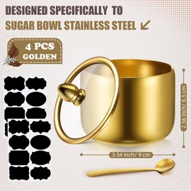 Baderke 4 Pcs 9.8 oz Stainless Steel Sugar Bowl Gold Sugar Container Condiment Dispenser with Lid and Spoon with Tag for Spice Coffee Tea Pepper Herbs